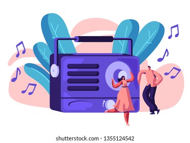 Radio Recorder Playing Music for Happy Person. Woman in Dress and Man Dancing to Loud Music. People Listen to Song and Smiling. Sound Stereo Record Device Horizontal Flat Cartoon Vector Illustration