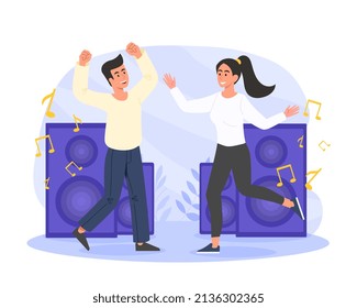 Radio Recorder Playing Music for Happy Person. Man and woman laugh and dance to loud popular music. Hobby or entertainment Tape recorder for listening to melodies. Cartoon flat vector illustration