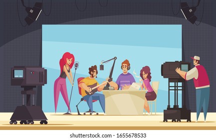 Radio recording background with live show and music symbols flat vector illustration