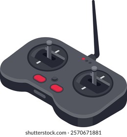 Radio remote control featuring two joysticks and red buttons, equipped with an antenna for piloting drones or RC vehicles, presented in an isometric view