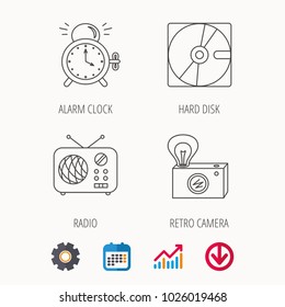 Radio, retro camera and alarm clock icons. Hard disk linear sign. Calendar, Graph chart and Cogwheel signs. Download colored web icon. Vector