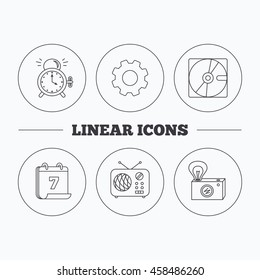 Radio, retro camera and alarm clock icons. Hard disk linear sign. Flat cogwheel and calendar symbols. Linear icons in circle buttons. Vector