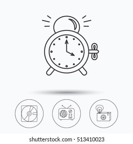 Radio, retro camera and alarm clock icons. Hard disk linear sign. Linear icons in circle buttons. Flat web symbols. Vector