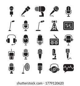 radio and retro microphone icon set over white background, silhouette style, vector illustration