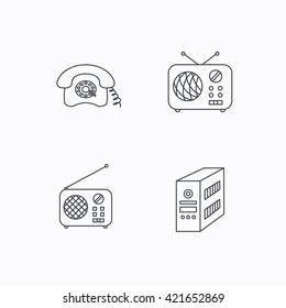 Radio, retro phone and pc case icons. Vintage radio linear sign. Flat linear icons on white background. Vector