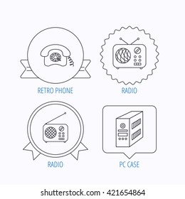 Radio, retro phone and pc case icons. Vintage radio linear sign. Award medal, star label and speech bubble designs. Vector