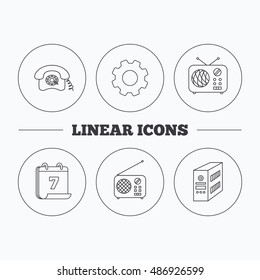 Radio, retro phone and pc case icons.