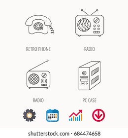 Radio, retro phone and pc case icons. Vintage radio linear sign. Calendar, Graph chart and Cogwheel signs. Download colored web icon. Vector