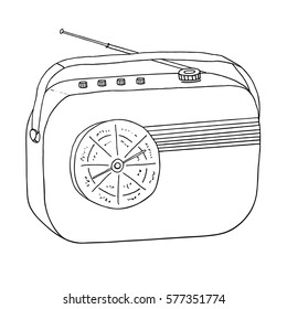 Radio retro portable receiver. Vintage recorder with antenna. Hand drawn old fashioned vector isolated object.
