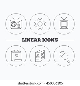 Radio, retro TV and PC mouse icons. PC case linear sign. Flat cogwheel and calendar symbols. Linear icons in circle buttons. Vector