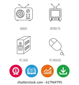 Radio, Retro TV And PC Mouse Icons. PC Case Linear Sign. Award Medal, Growth Chart And Opened Book Web Icons. Download Arrow. Vector