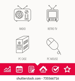 Radio, retro TV and PC mouse icons. PC case linear sign. Edit document, Calendar and Graph chart signs. Star, Check and House web icons. Vector