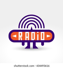 Radio robot logo with small legs and arms, purple and orange color with the inscription Radio white.

