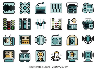 Radio room icons set outline vector. Studio record. Audio music thin line color flat on white