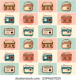 Radio Seamless Pattern Illustration Design with Player for Record and Listening to Music in Flat Cartoon Template