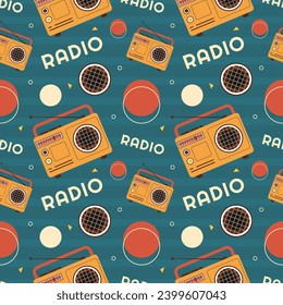 Radio Seamless Pattern Illustration Design with Player for Record and Listening to Music in Flat Cartoon Template