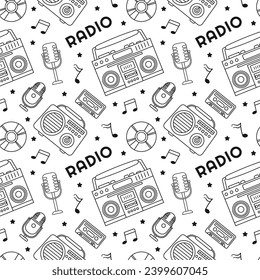 Muster-Illustration-Design für nahtlose Funkübertragung mit Player für Aufnahme und Musikhören in flacher Cartoon-Vorlage