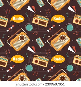 Radio Seamless Pattern Illustration Design with Player for Record and Listening to Music in Flat Cartoon Template