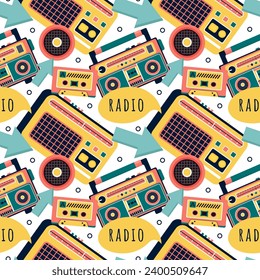 Radio Seamless Pattern Illustration Design with Player for Record and Listening to Music in Flat Cartoon Template