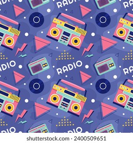 Radio Seamless Pattern Illustration Design with Player for Record and Listening to Music in Flat Cartoon Template