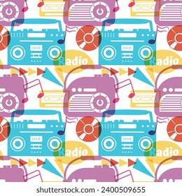 Radio Seamless Pattern Illustration Design with Player for Record and Listening to Music in Flat Cartoon Template