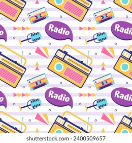 Diseño de ilustraciones de patrones sin foco de radio con reproductor para grabar y escuchar música en plantilla de dibujos planos