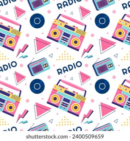 Radio Seamless Pattern Illustration Design with Player for Record and Listening to Music in Flat Cartoon Template