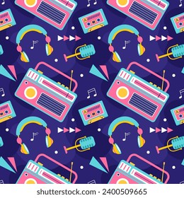 Radio Seamless Pattern Illustration Design with Player for Record and Listening to Music in Flat Cartoon Template
