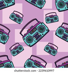 Patrón de radio sin fisuras hecho de ilustraciones hechas a mano. Patrón sin foco en el fondo púrpura 