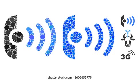 Radio sensor mosaic of round dots in various sizes and color tints, based on radio sensor icon. Vector dots are organized into blue mosaic. Dotted radio sensor icon in usual and blue versions.