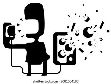 Radio Shout Loud Breaking Out Equipment Funny Figure Silhouette Stencil Black, Vector Illustration, Horizontal, Over White, Isolated
