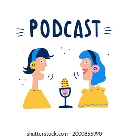 Radio show or audio blog podcast concept. Radio presenters in headphones in studio flat vector illustration.