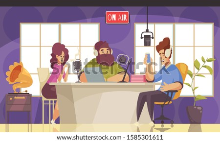 Radio show background with people talking symbols flat vector illustration