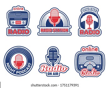 Radio Show Badges. Air Podcast Audio Studio Logo Music Radio Station Vector Labels Set Collection Isolated