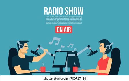 Radio Show Dj`s Male & Female Life Playing The Music & Talk  On Air Broadcasts Cool Flat Design Illustration. Banner, Poster, Or Flyer Cover