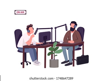 Radio show host and guest flat color vector faceless characters. Live interview with invited expert. Men talking in recording studio isolated cartoon illustration for web graphic design and animation