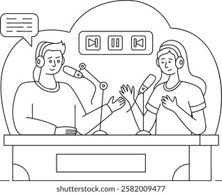 Radio show host guest vector design slice of life journalism scene Web television series symbol audio blog journals illustration, podcasters workshop to brainstorm, produce dynamic episodes concept