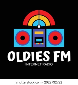 Radio show logo. Colorful flat logo of a tape recorder radio with double speakers and internet signal, with ‘Oldies FM’ logo text below and ‘Internet Radio’ as tagline lower. EPS8 file.