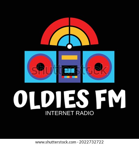 Radio show logo. Colorful flat logo of a tape recorder radio with double speakers and internet signal, with ‘Oldies FM’ logo text below and ‘Internet Radio’ as tagline lower. EPS8 file.