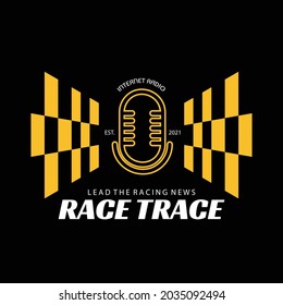 Radio Show Logo. Flat Logo Of A Microphone Radio With Checkered Start Or Finish Flags On The Right And Left Side, With ‘Race Trace’ Main Text Below And ’Lead The Racing News’ As Tagline. EPS8 File.