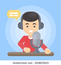 Radio show presenter with headset and microphone.