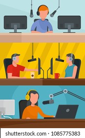 Radio show station music news broadcasting banner concept set. Flat illustration of 3 radio show station music news broadcasting vector banner horizontal concepts for web