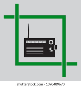 Radio sign illustration. Black icon inside green crop tool at light gray background