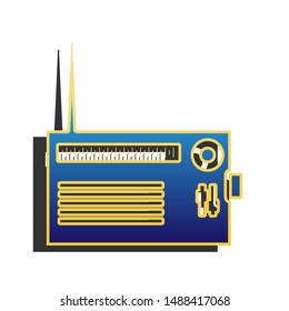 Radio sign illustration. Blue icon with gold contour with dark gray shadow at white background. Illustration.
