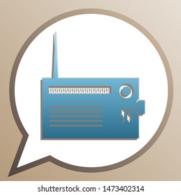 Radio sign illustration. Bright cerulean icon in white speech balloon at pale taupe background. Illustration.