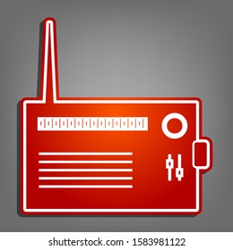 Radio sign illustration. Flat red icon with linear white icon with gray shadow at grayish background. Illustration.