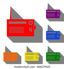 Radio sign illustration. Set of red, orange, yellow, green, blue and violet icons at white background with flat shadow.