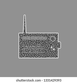 Radio sign illustration. Vector. Black maze filled icon with white border at gray background.