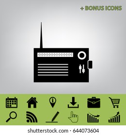 Radio sign illustration. Vector. Black icon at gray background with bonus icons at celery ones