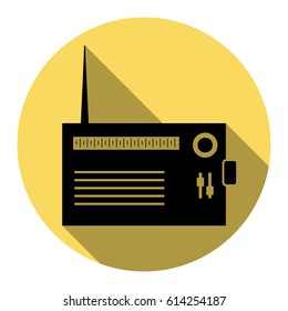 Radio sign illustration. Vector. Flat black icon with flat shadow on royal yellow circle with white background. Isolated.
